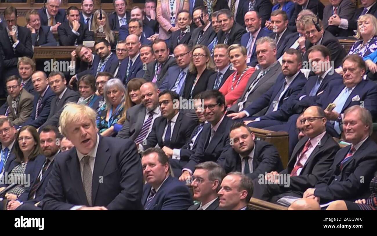 Prime Minister Boris Johnson speaking during the debate in the House of Commons, London, on the Queen's Speech. Stock Photo