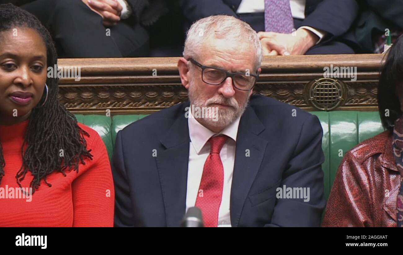 Labour Party leader Jeremy Corbyn listening to Prime Minister Boris Johnson speaking during the debate in the House of Commons, London, on the Queen's Speech. Stock Photo