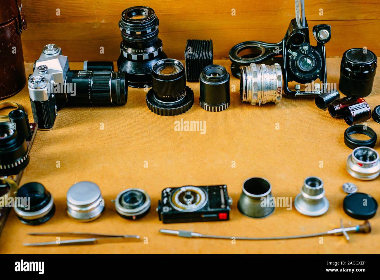 Retro Mockup Vintage Photographic Accessories And Quipments Around On Wooden Background Top View Stock Photo Alamy
