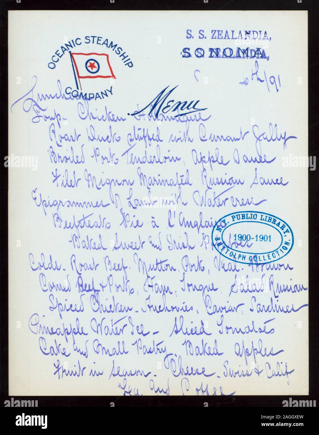 Handwritten Printed In Violet Ink Company Flag At Top Citation Reference 1901 44 Luncheon Held By Oceanic Steamship At S S Zealandia Sonoma Ss Stock Photo Alamy