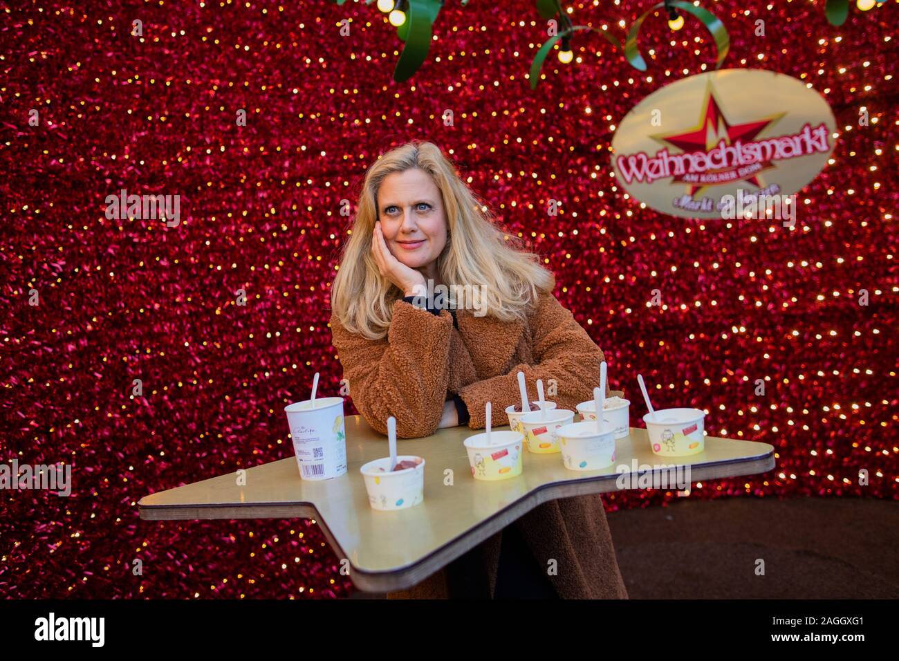 Cologne, Germany. 19th Dec, 2019. Barbara Schöneberger, presenter, promotes the ice cream manufacturer 'Charlotte' at the Christmas market. Credit: Rolf Vennenbernd/dpa/Alamy Live News Stock Photo