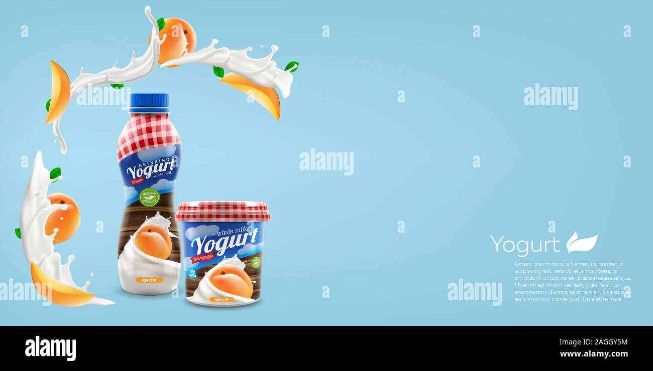 Organic yogurt with apricot, bottle and jar design, commercial vector