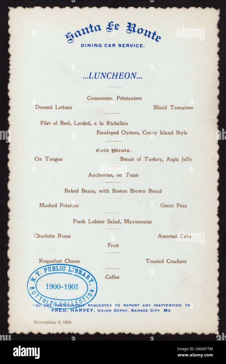 DECKEL EDGE; PART OF HARVEY CHAIN 1899-0686; LUNCHEON [held by] SANTA FE ROUTE DINING CAR SERVICE [at] EN ROUTE (RR;) Stock Photo
