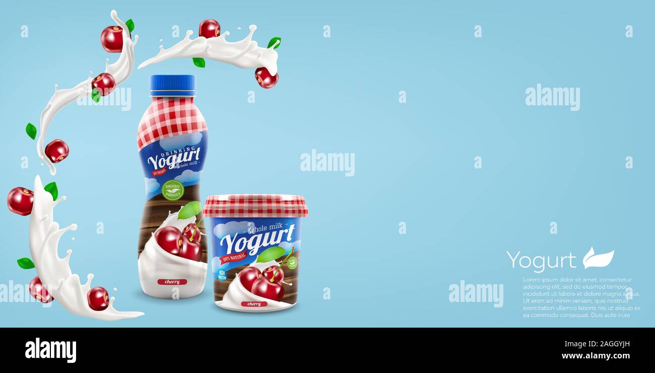 Organic yogurt with cherry, bottle and jar design, commercial vector