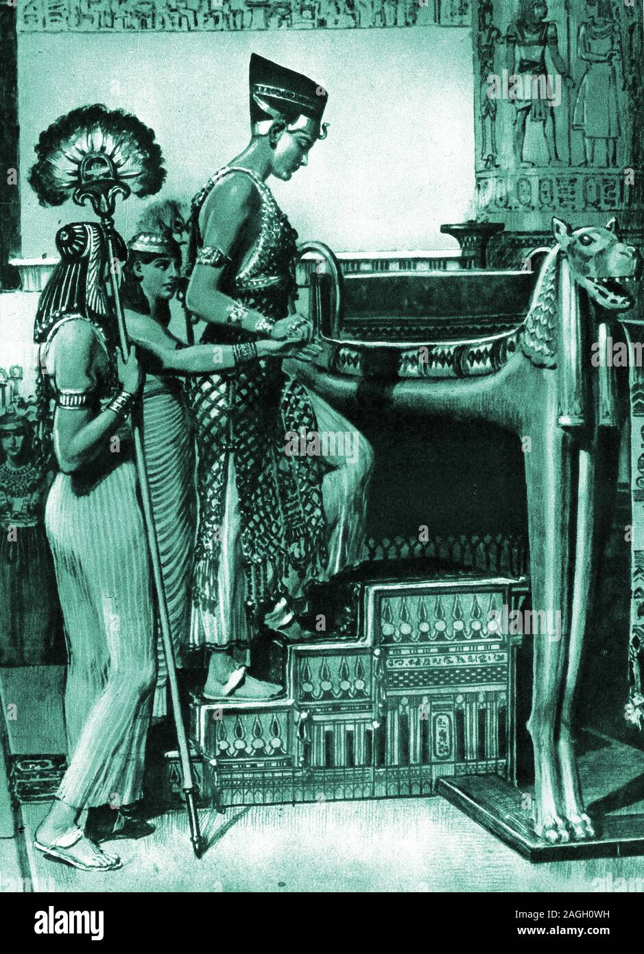 1920's image of Ankhesenamun / Ankhesenpaaten (half-sister and consort-wife of Tutankhamun )  circa 1332–1323 BC, with her attendants, who may be  her sisters ( Senior Princesses) Meritaten and  Meketaten. - Stock Photo