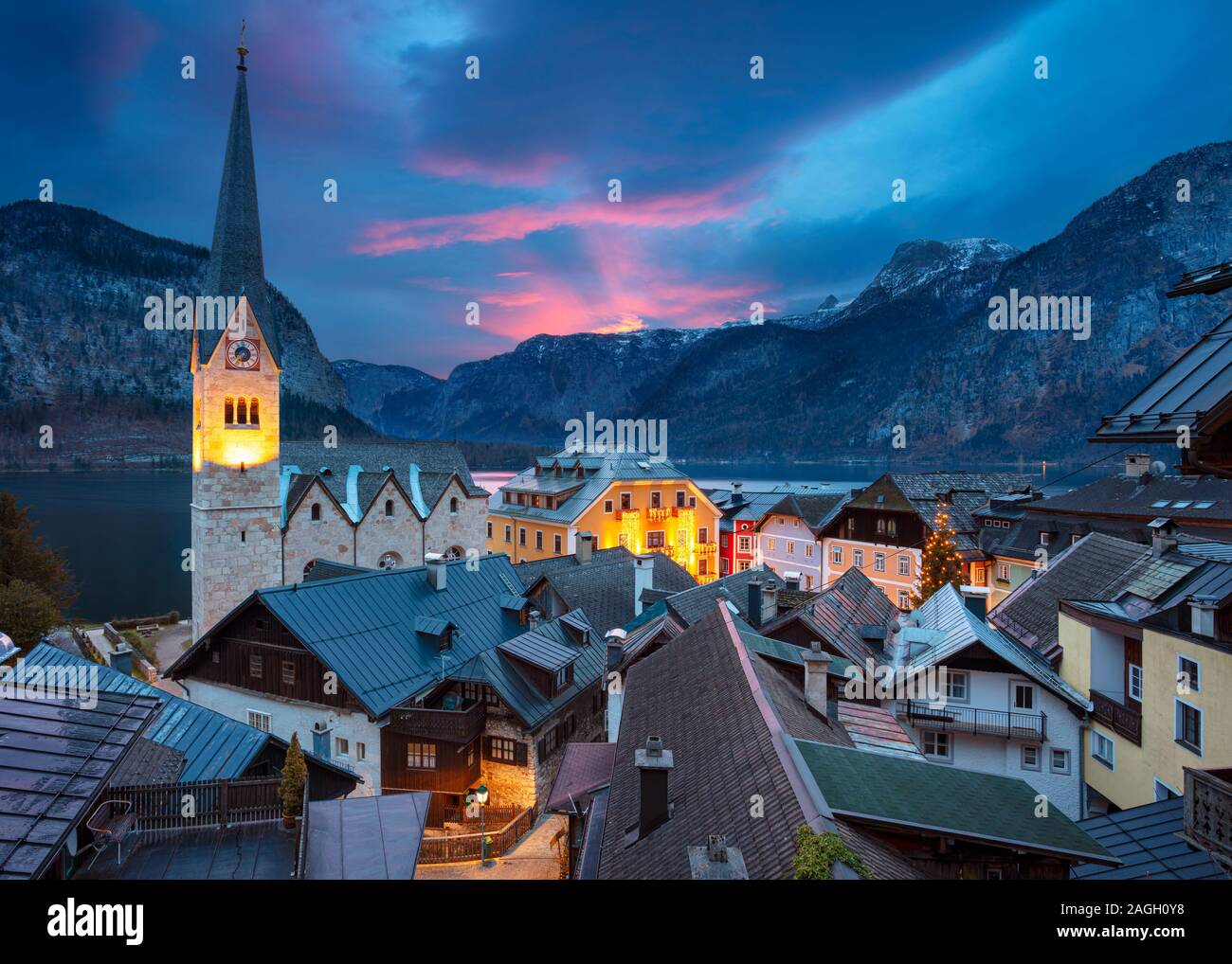 Hallstatt, Austria. Cityscape image of the famous alpine village Hallstatt, Austria during twilight blue hour. Stock Photo