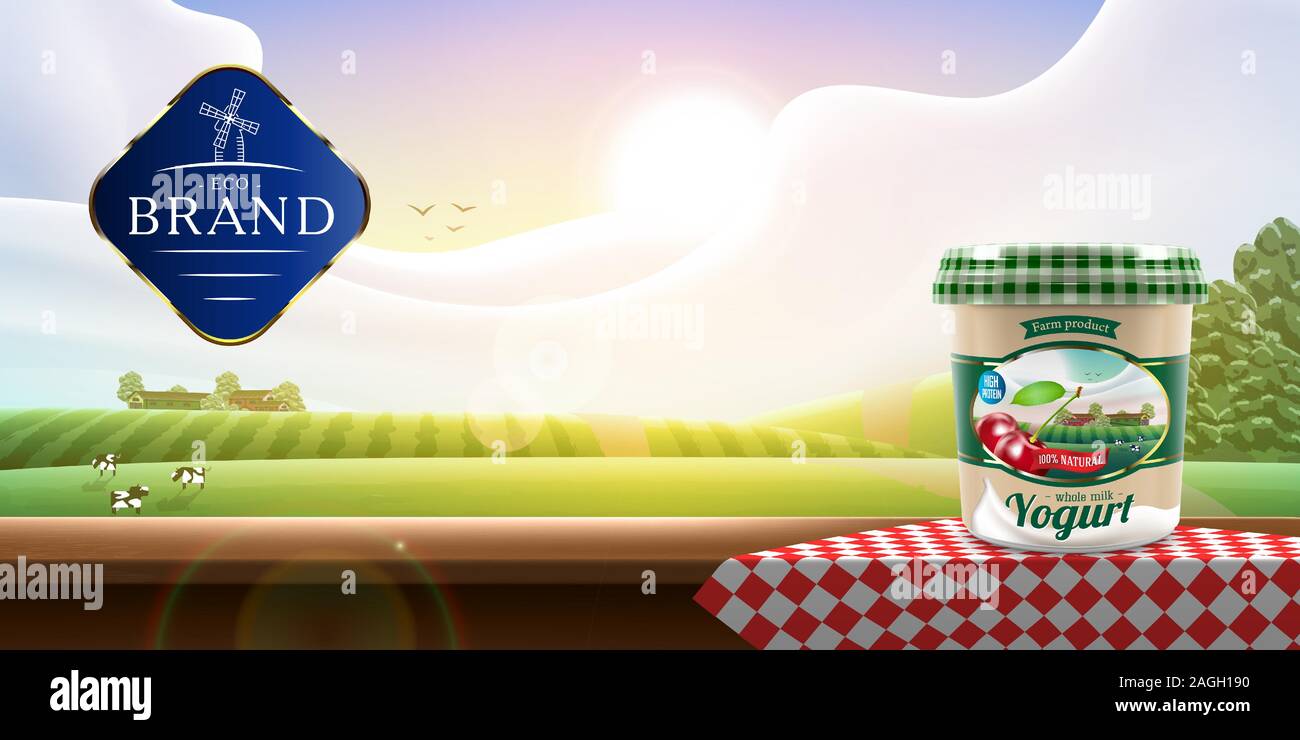 Yogurt packaging design on rural outdoor background with cherry, vector illustration for farm milk or yogurt product branding or advertising design Stock Vector