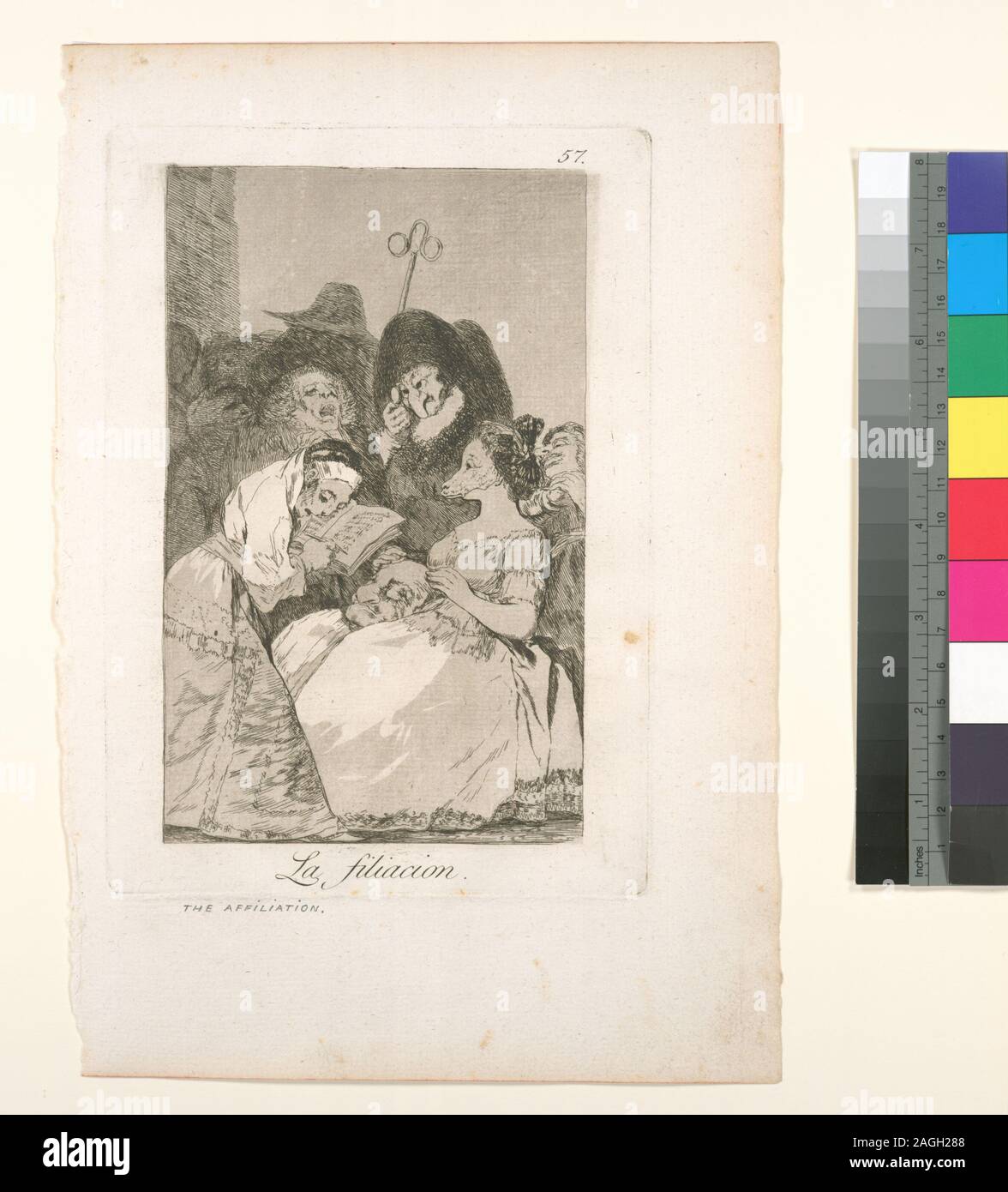 1799 is the date of publication of the first edition. Holdings checked in departmental copy of Loys Delteil, Le peintre-gravure illustré, v. XIV and v. XV. Printed in sepia ink. The ink, along with the paper, corresponds to the description of the first edition by Tomás Harris, Goya: engravings and lithographs. The paper is described according to the guidelines in The Print Council of America's paper sample book. Citation/Reference: D94(I/II) Citation/Reference: 57; La filiacion. Stock Photo