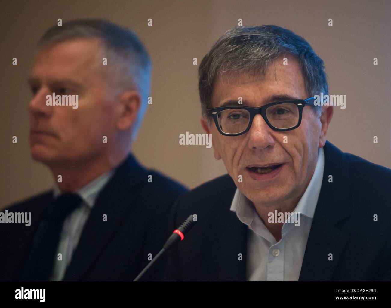 French president of Centre Pompidou, Serge Lasvignes (R) speaking during the exhibition. Stock Photo