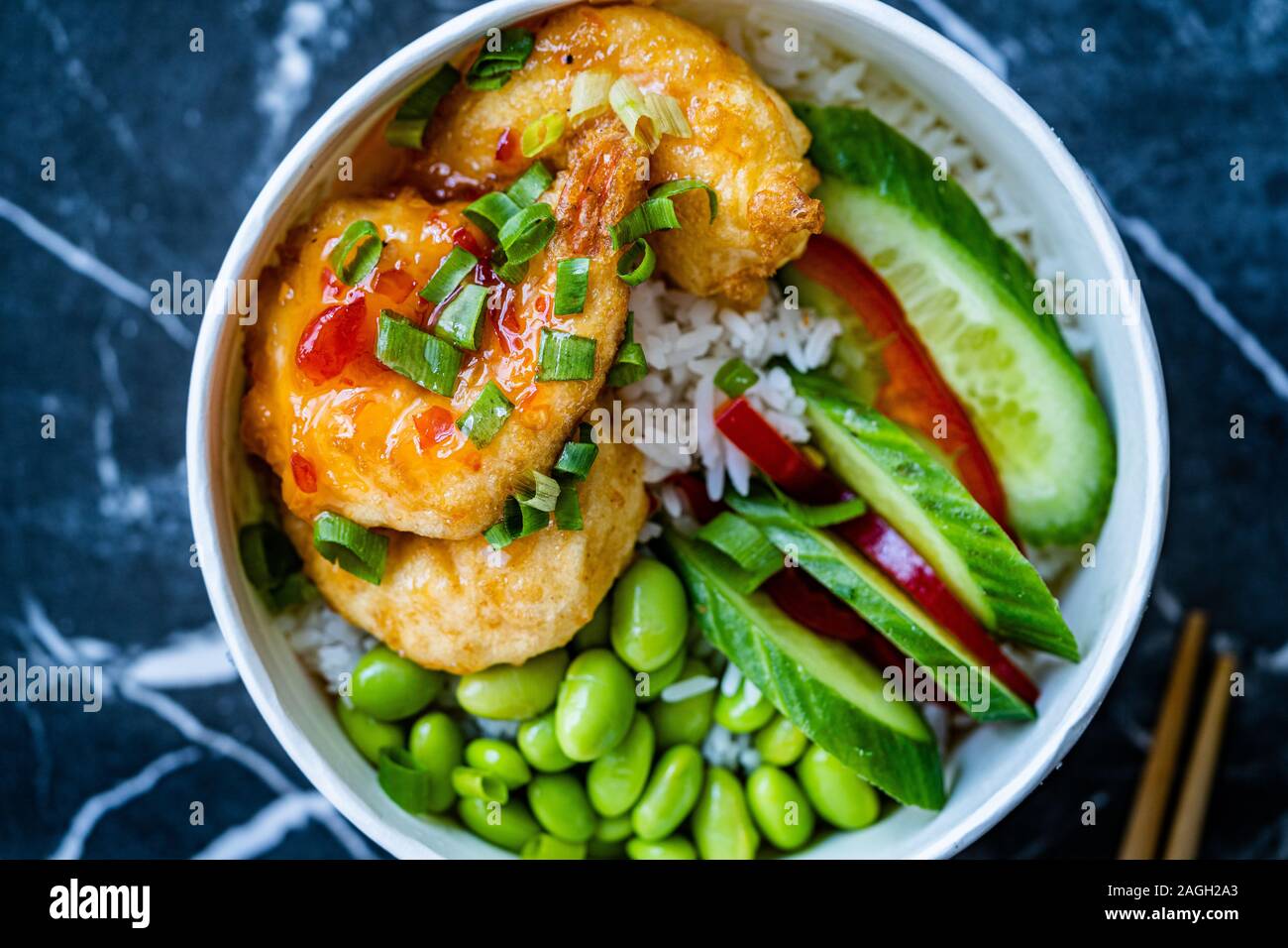 Take Away Healthy Buddha Bowl with Shrimp, Edamame Beans, Cucumber and