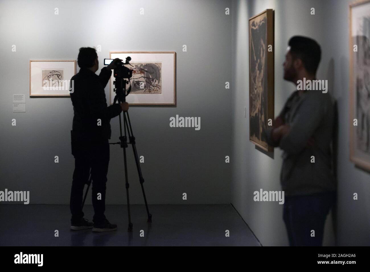 A cameraman recording images during the exhibition.'Alechinsky: en el país de la tinta' (Alechinsky in inkland) is an exhibition of paintings and drawings by Belgian artist, Pierre Alechinsky at museum Centre Pompidou. The exhibition runs from 19th Dec 2019 to 12th April 2020. Stock Photo