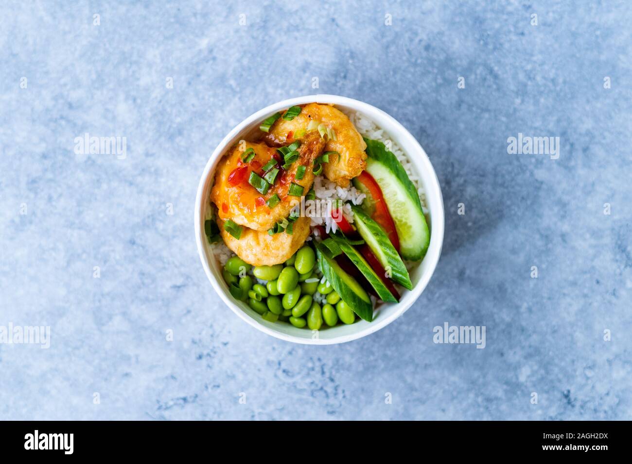 Take Away Healthy Buddha Bowl with Shrimp, Edamame Beans, Cucumber and