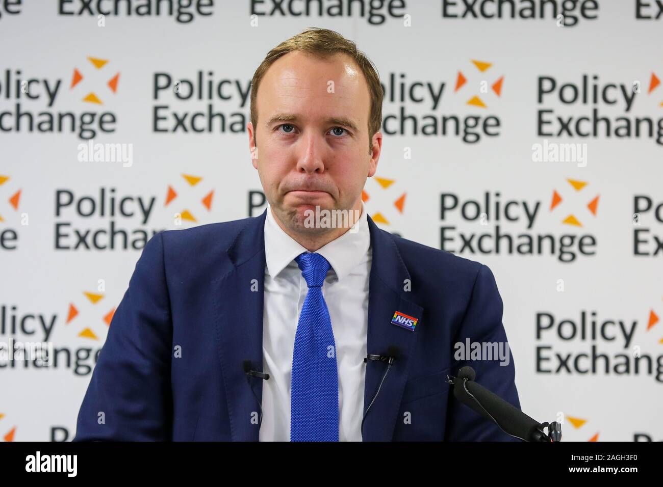 Secretary of State for Health and Social Care, Matt Hancock speaks during the Policy Exchange outlining Tory plans on the National Health Service, following the 2019 General Election in which the Conservative Party won a majority.Matt Hancock announced extra government funding for the National Health Service (NHS) and recruitment for new staff and infrastructure. Stock Photo