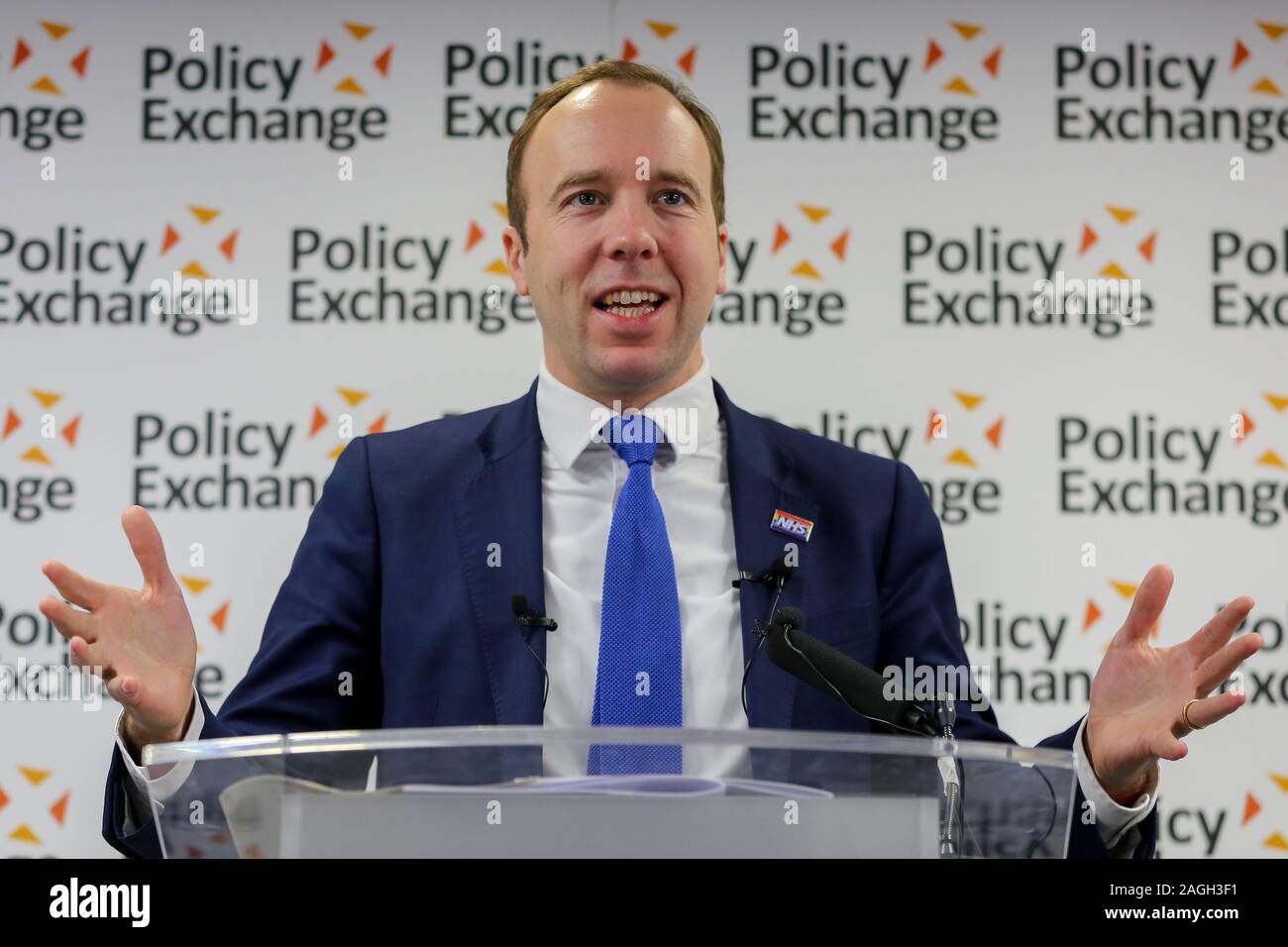 Secretary of State for Health and Social Care, Matt Hancock speaks during the Policy Exchange outlining Tory plans on the National Health Service, following the 2019 General Election in which the Conservative Party won a majority.Matt Hancock announced extra government funding for the National Health Service (NHS) and recruitment for new staff and infrastructure. Stock Photo