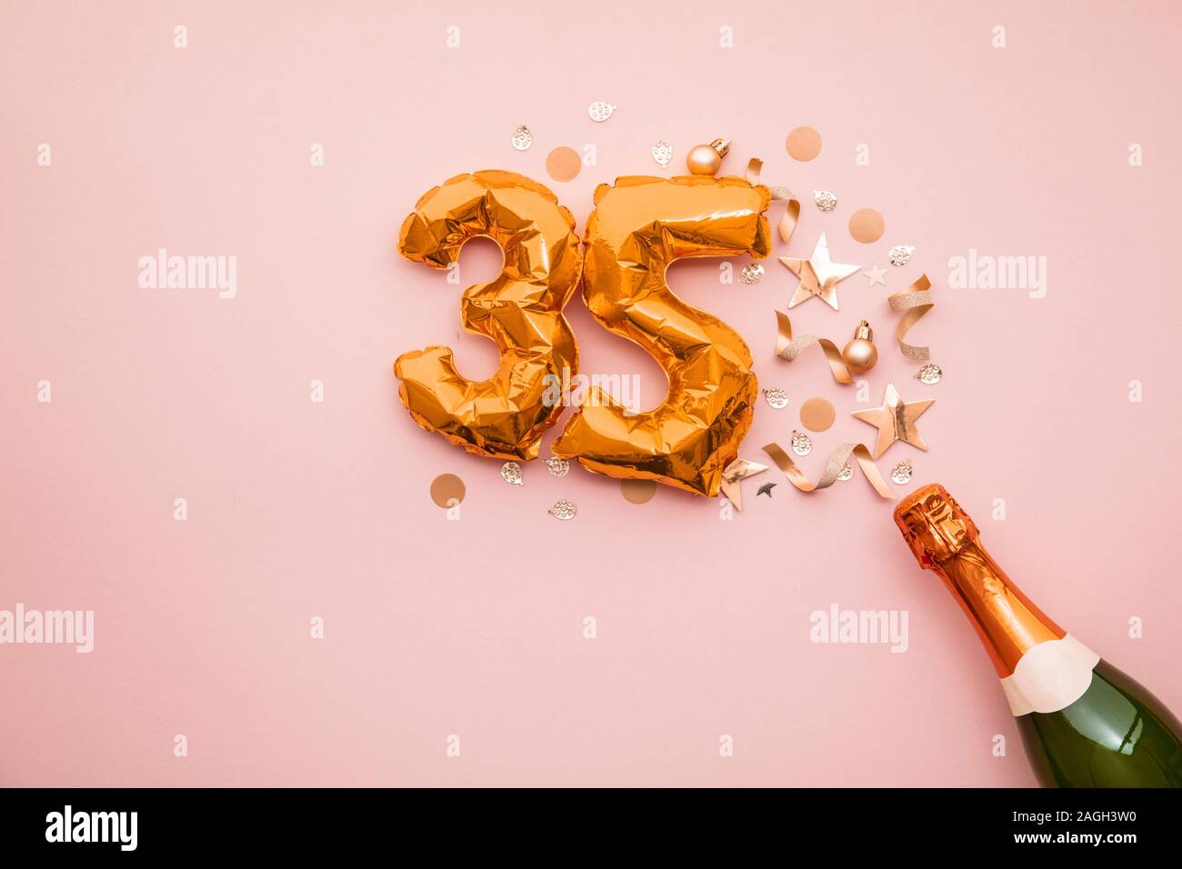Happy 35th Anniversary Party Champagne Bottle With Gold Number Balloon Stock Photo Alamy