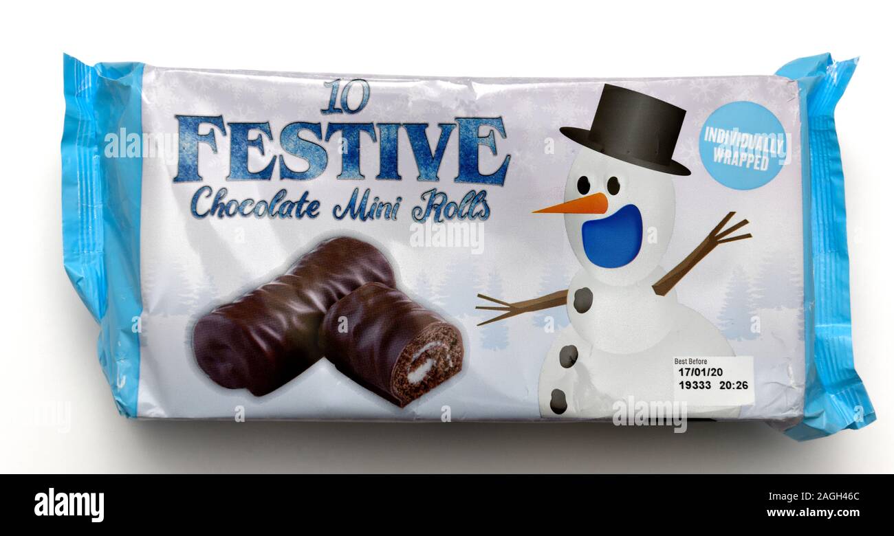 10 festive chocolate mini rolls,individually wrapped Stock Photo