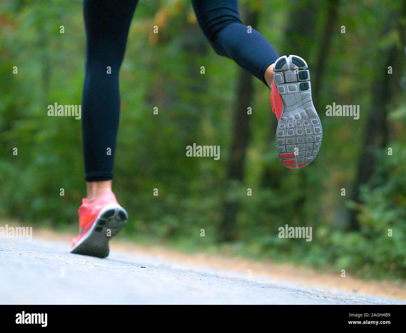 Woman runs in the forest. Feet of a runner. Close-up of sneakers. Helathy lifestyle. Stock Photo