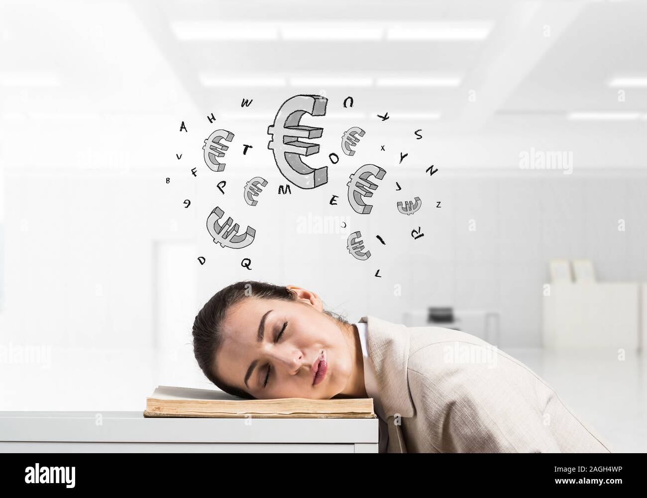 Exhausted business woman sleeping on desk Stock Photo - Alamy
