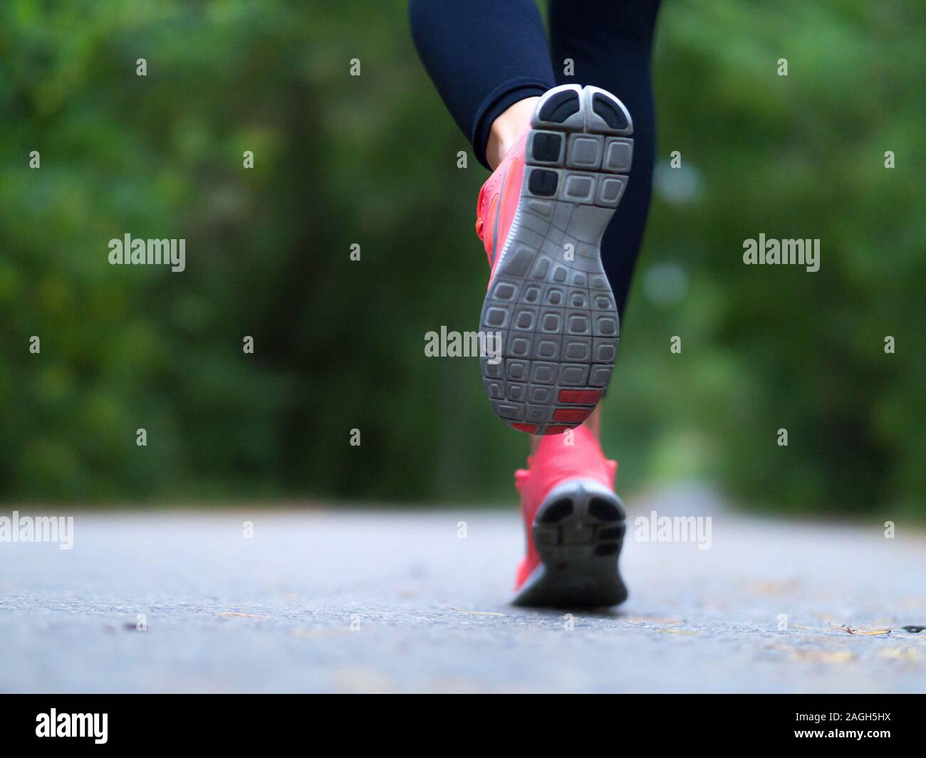 Feet of a runner. Woman runs in the forest. Close-up photo. Helathy lifestyle. Stock Photo