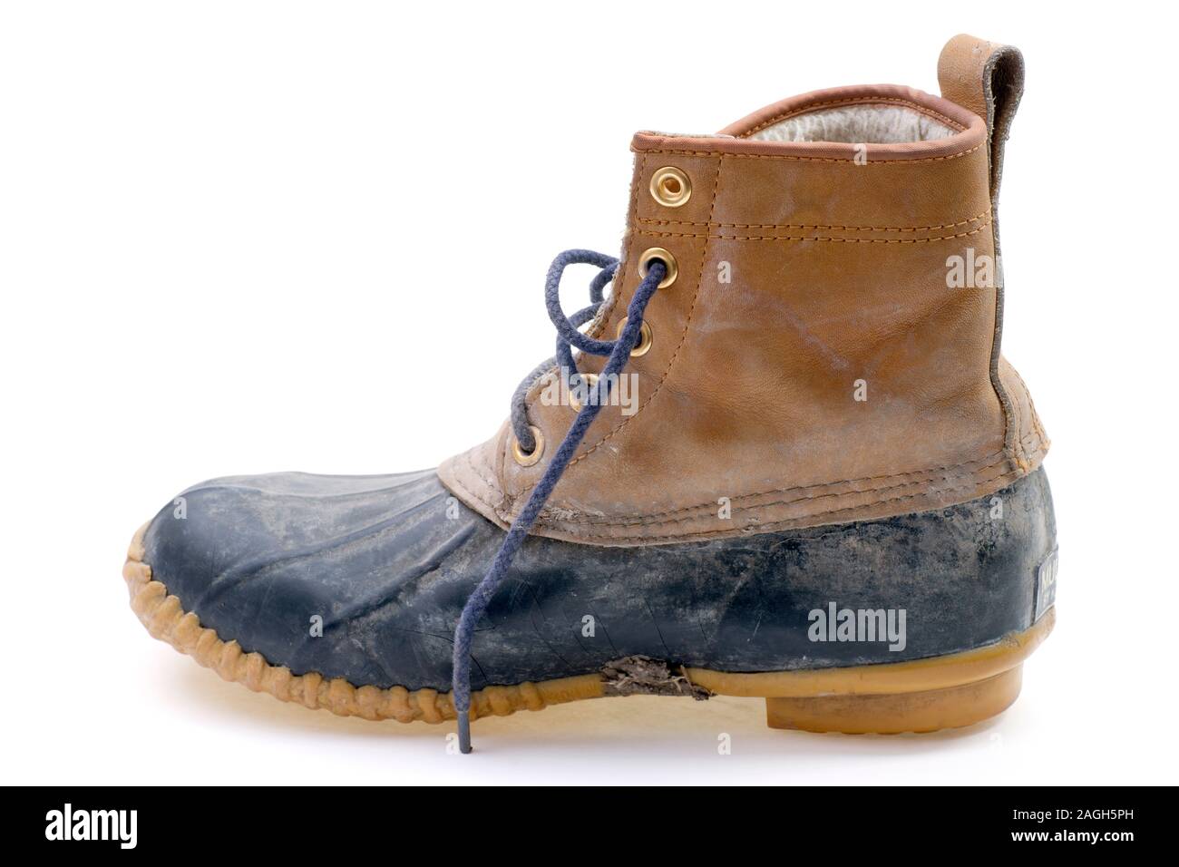Photograph of single used rubber work boot, isolated on white Stock ...