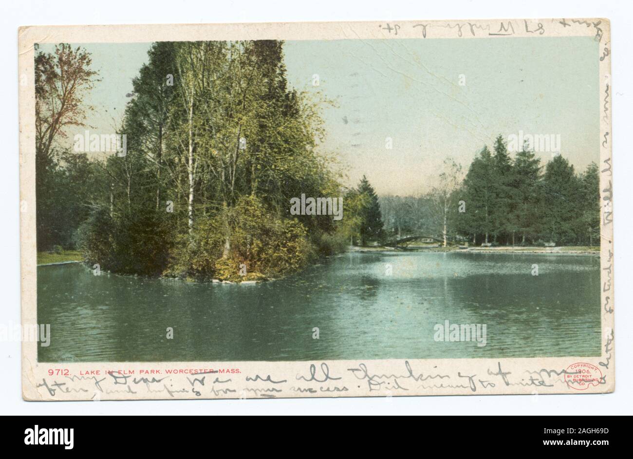 Postcard series number: 9712 Became Detroit Publishing Company. New imprint with artist's pallet trademark. Included images with dates prior to 1906.; Lake in Elm Park, Worcester, Mass. Stock Photo