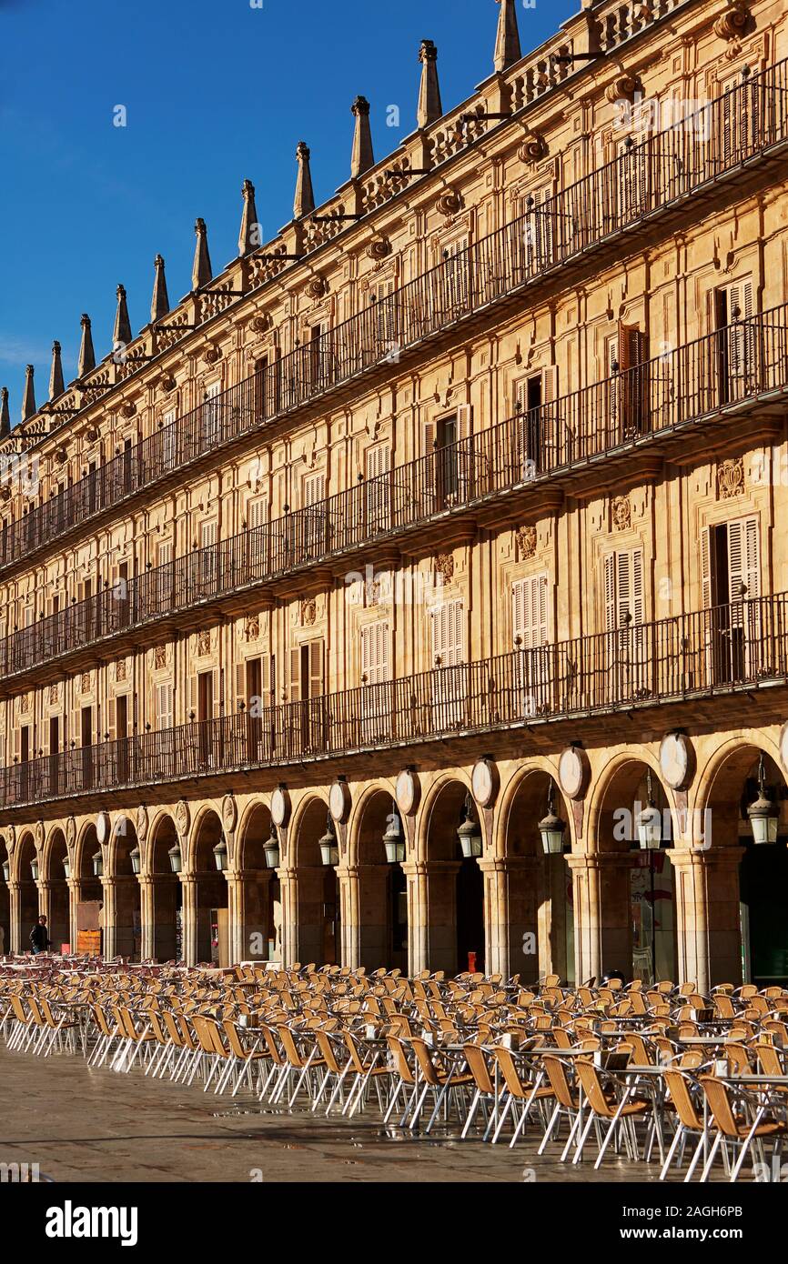 Looking down the arches and balconies of Plaza Mayor Square in Salamanca Stock Photo
