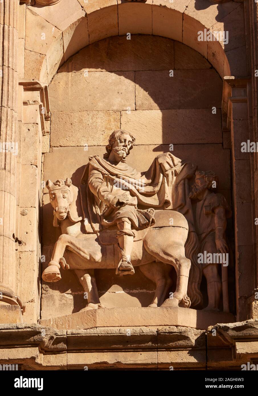 Baroque Statue of man on horseback on the facade of the 'Church of San Martin de Tours' in Salamanca Stock Photo