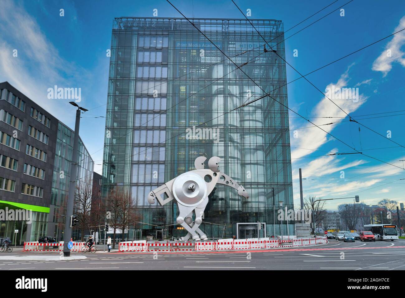 Heidelberg, Germany - December 2019: Modern Print Media Academy building with steel sculpture horse called 'S-Printing Horse' Stock - Alamy