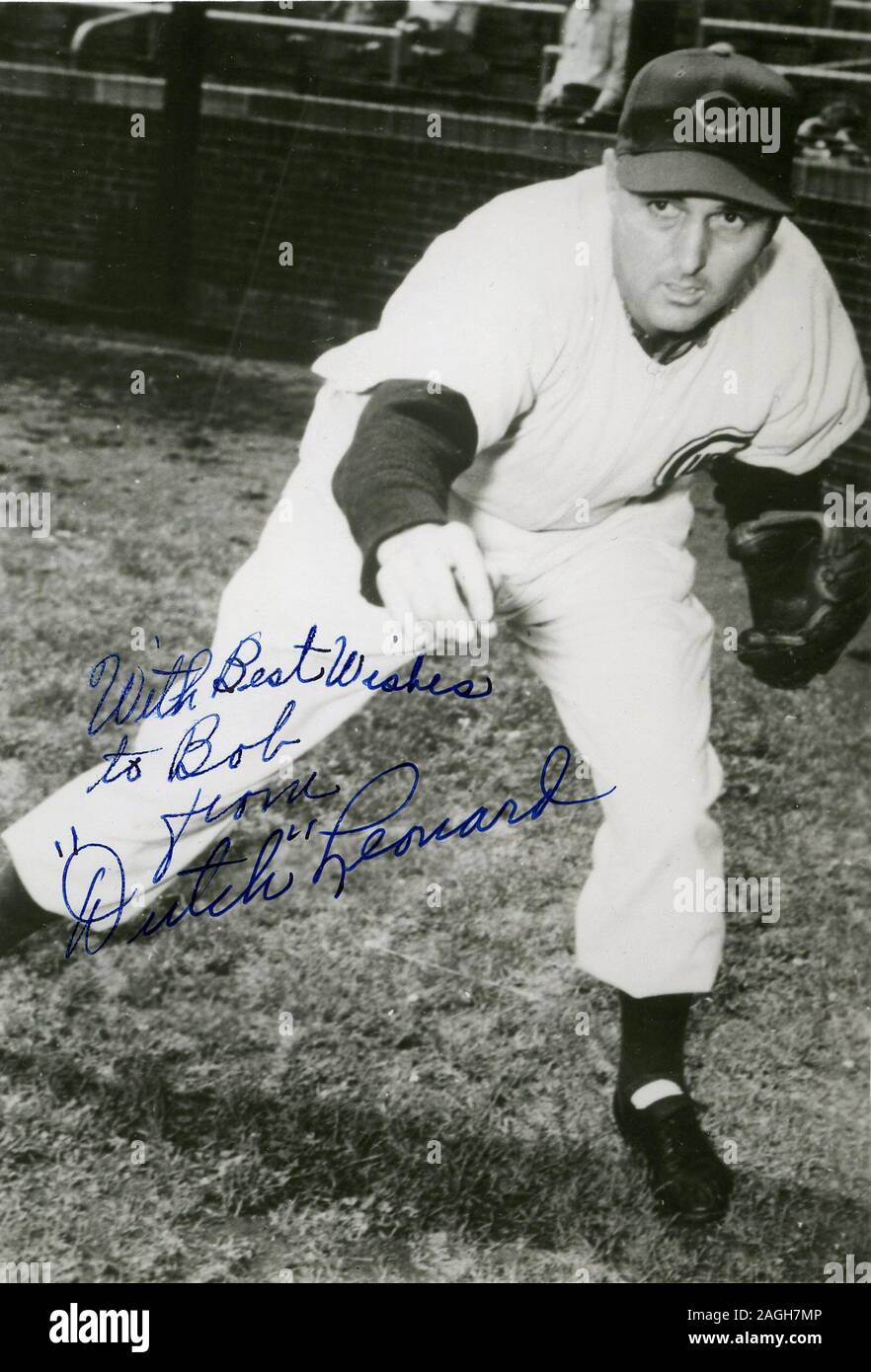 Vintage autographed black and white souvenir photo of  Major League baseball player Dutch Leonard with the Chicago Cubs circa 1940s-1950s. Stock Photo