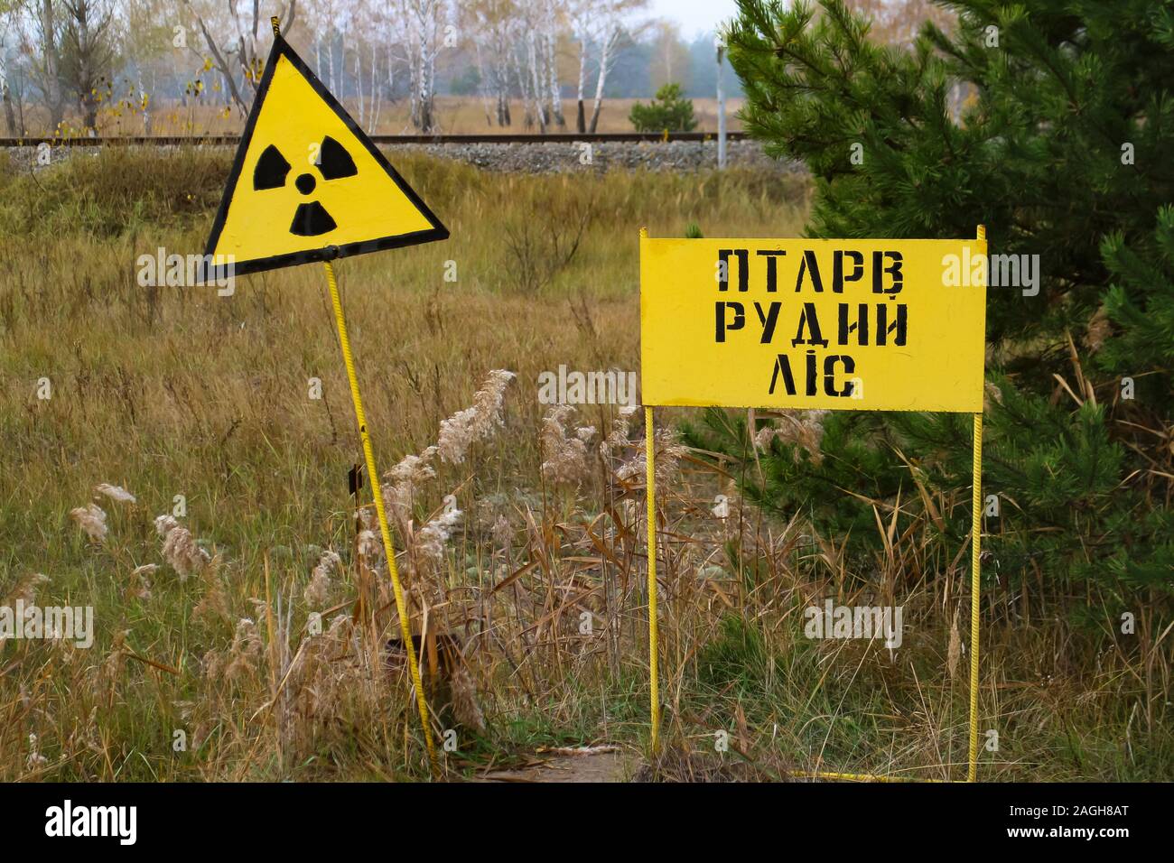 Yellow radiation warning signs in the wilderness near the Pripyat town sign in the Chernobyl exclusion zone, Ukraine. Stock Photo