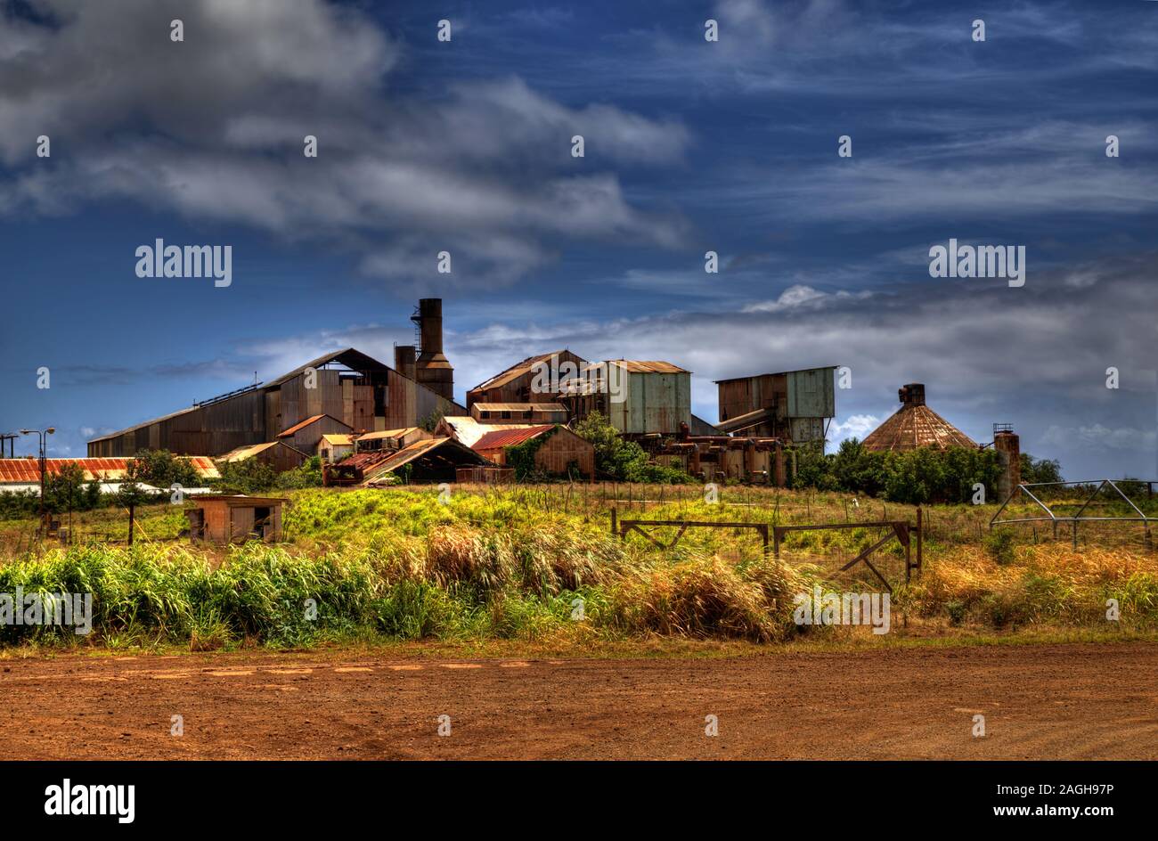 HDR image of an abandoned, old sugar mill (also known as Grove Farm Company) located on the island of Kauai, Hawaii. Stock Photo