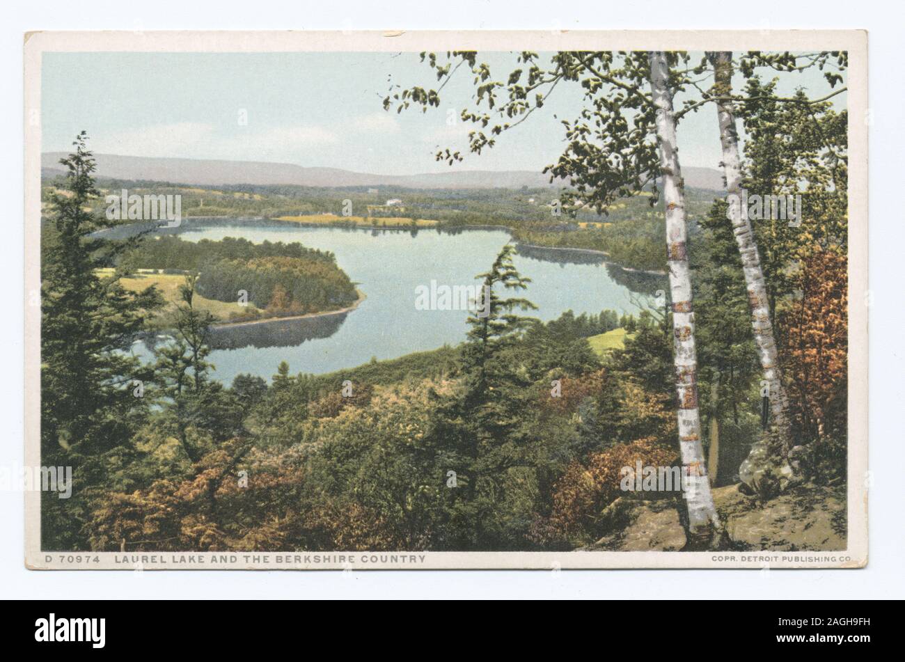 Postcard series number: 70974 Continued the 14000 series. 70000 series issued with large gaps in numbering, may account for some unnumbered cards.; Laurel Lake and The Berkshire Country, Massachusetts Stock Photo