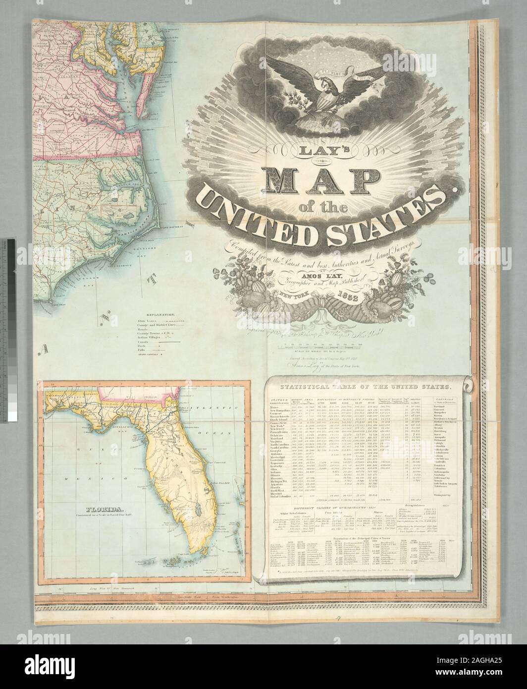 Relief shown by hachures. Hand colored. Shows county boundaries. Shows part of southern Canada. Includes Statistical table of the United States and table of Population of Upper and Lower Canada. Inset: Florida. Prime meridians: Washington, Greenwich. Originally dissected to fold, mounted on 4 sheets of linen, 67 x 77 cm., edged with cloth.; Lay's map of the United States Stock Photo