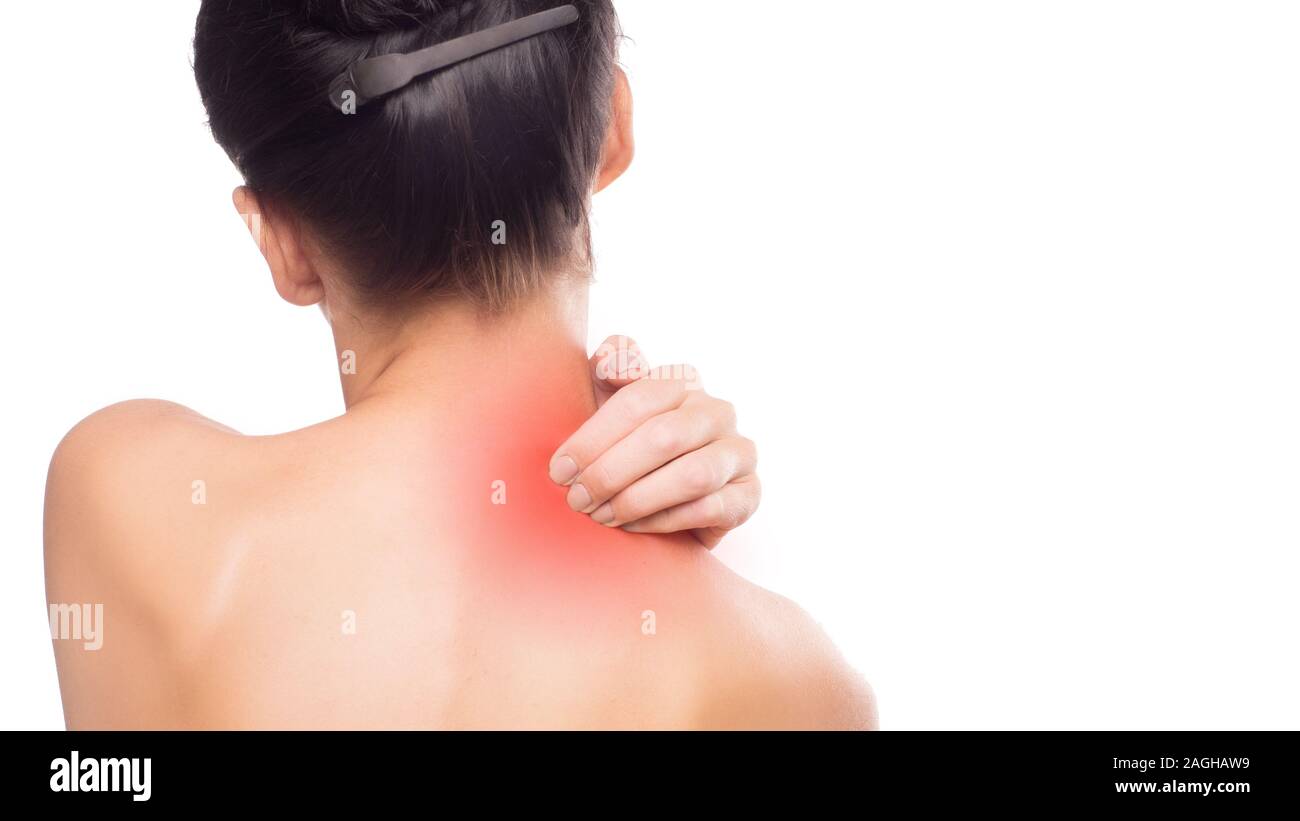 Pain. Woman touchig her neck. Massaging neck Stock Photo - Alamy