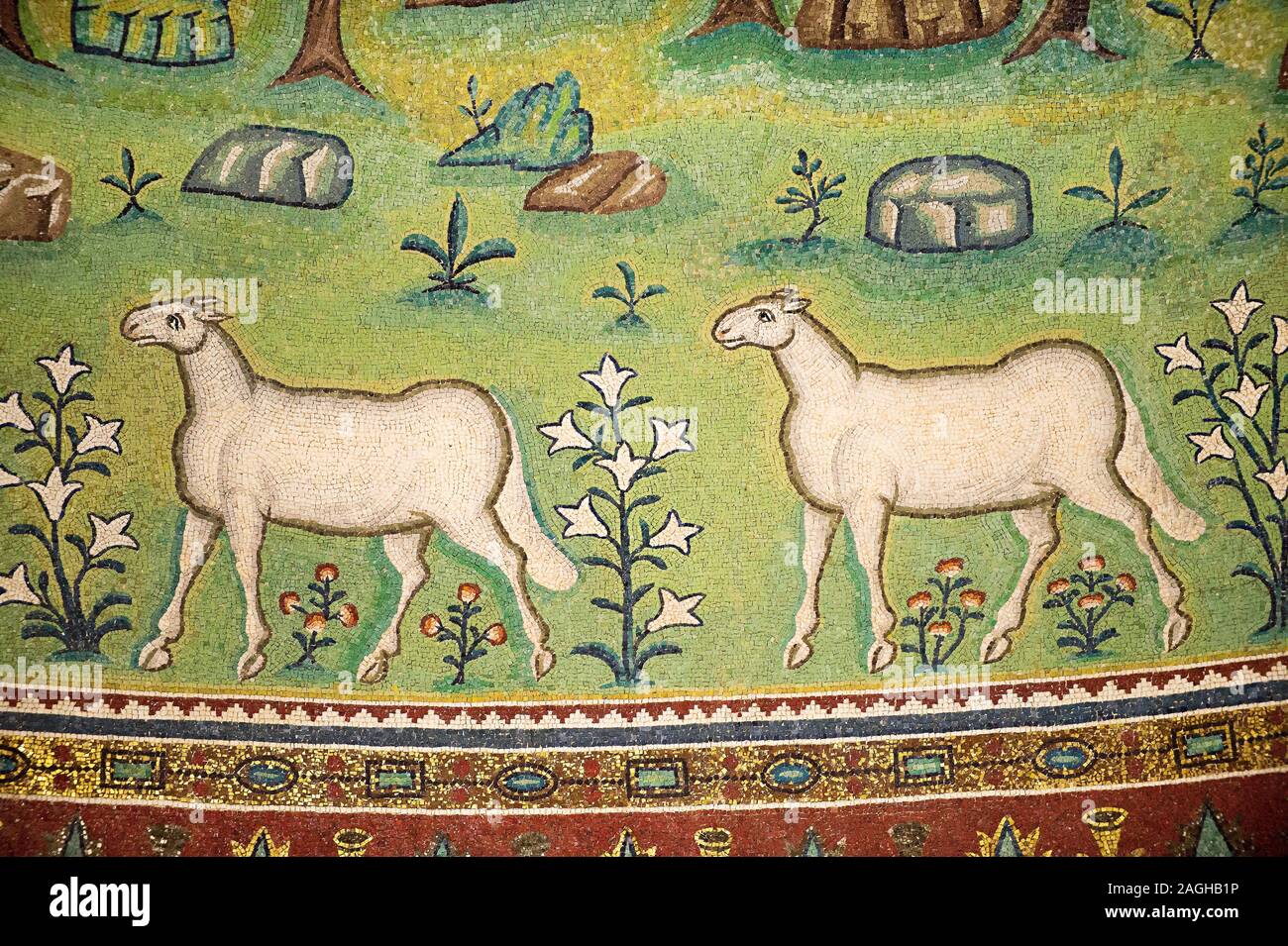 Mosaics of sheep on the Apse of the 6th century AD Byzantine Roman