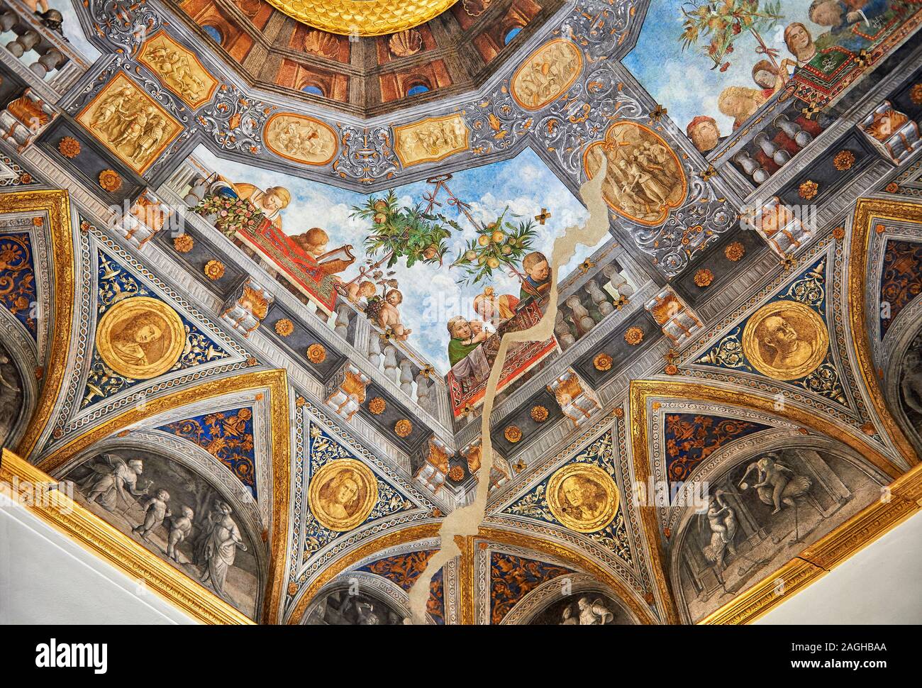 Renaissance trompe l'oeil ceiling fresco paintings,The Treasure Hall Renaissance painting , Palazzo Costabili, National Archaeological Museum, Ferrara Stock Photo