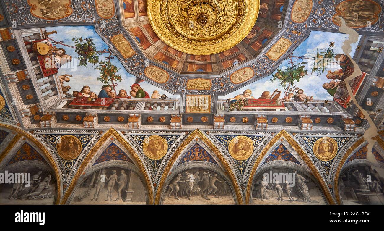 Renaissance trompe l'oeil ceiling fresco paintings,The Treasure Hall Renaissance painting , Palazzo Costabili, National Archaeological Museum, Ferrara Stock Photo
