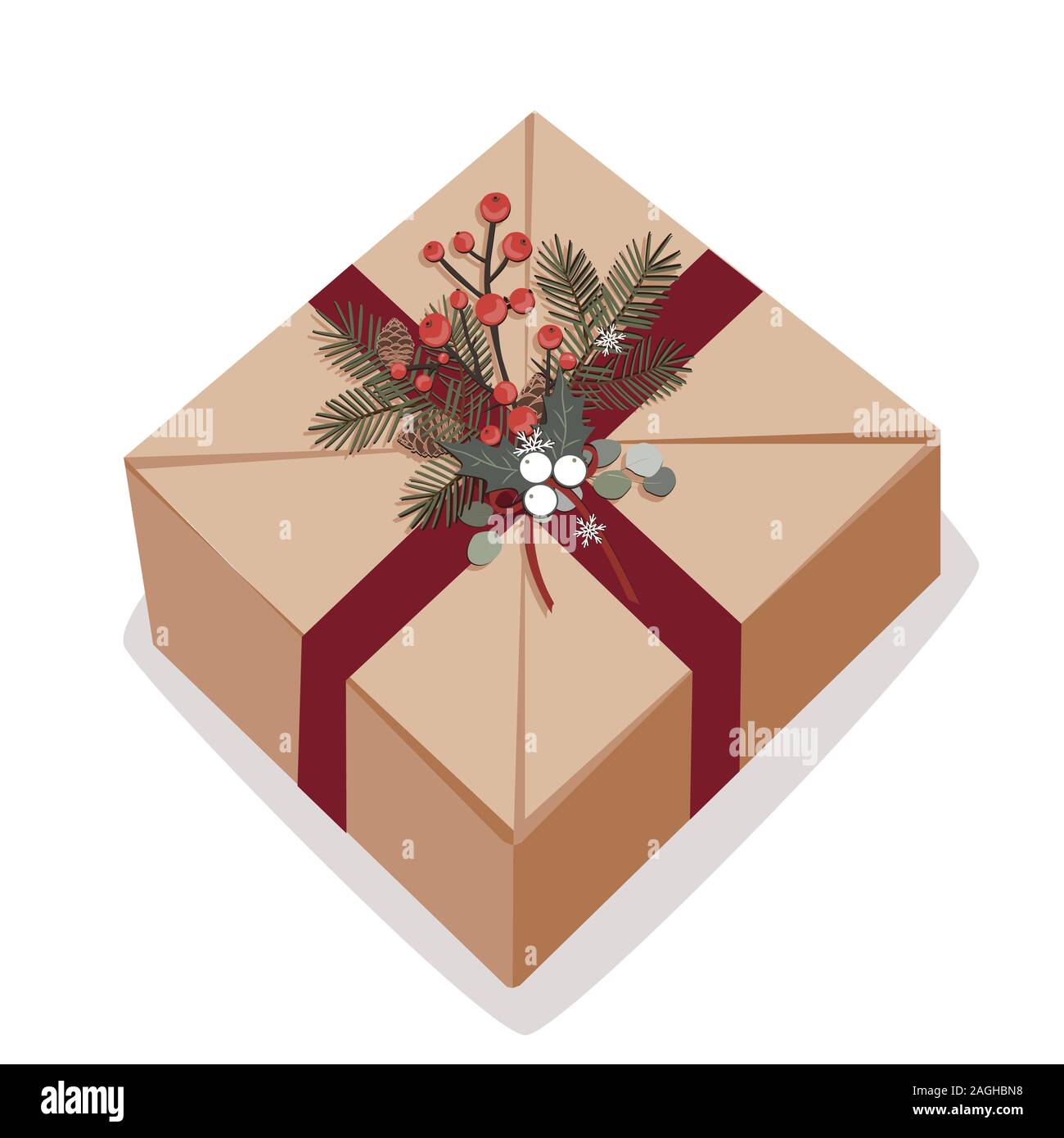 Vector illustration of Christmas box on white background. The gift is wrapped in craft paper, decorated with a ribbon, a fir and berry branches and Stock Vector
