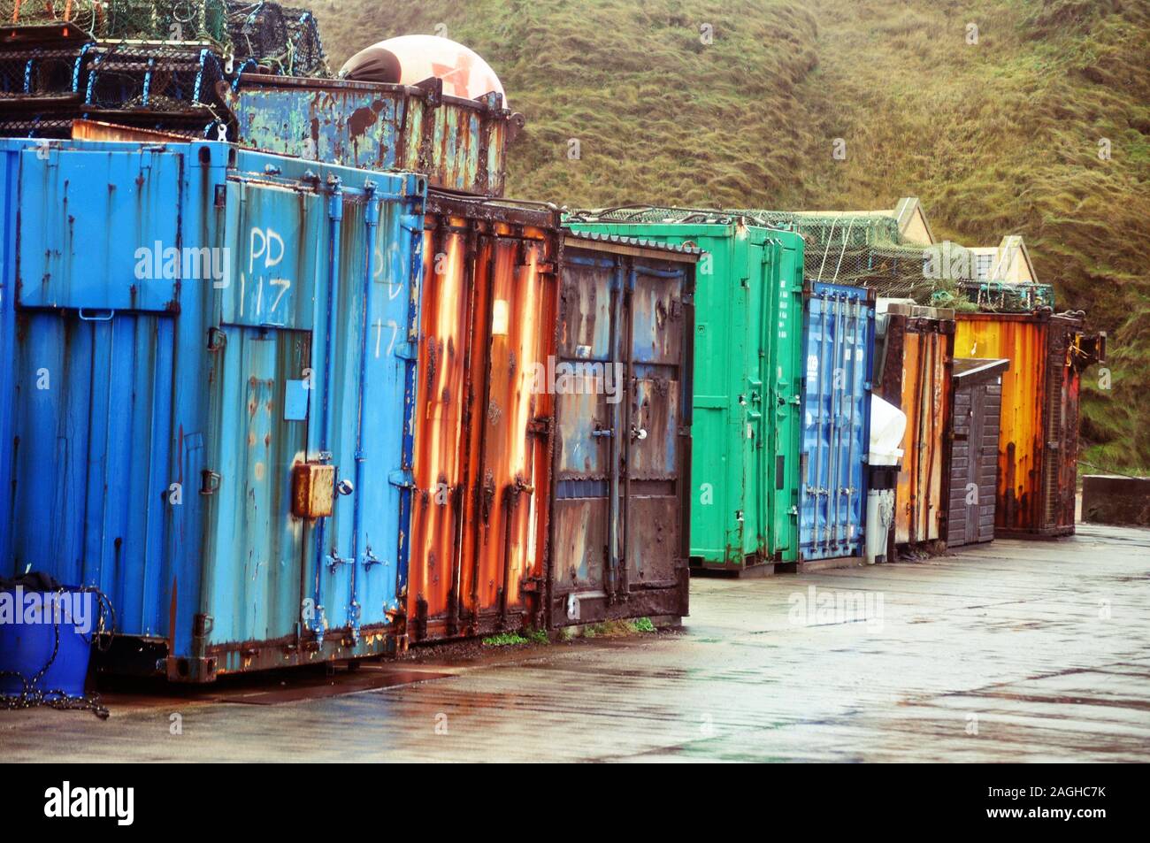 Rusty steel containers Port Erroll, Cruden Bay, Scotland Stock Photo