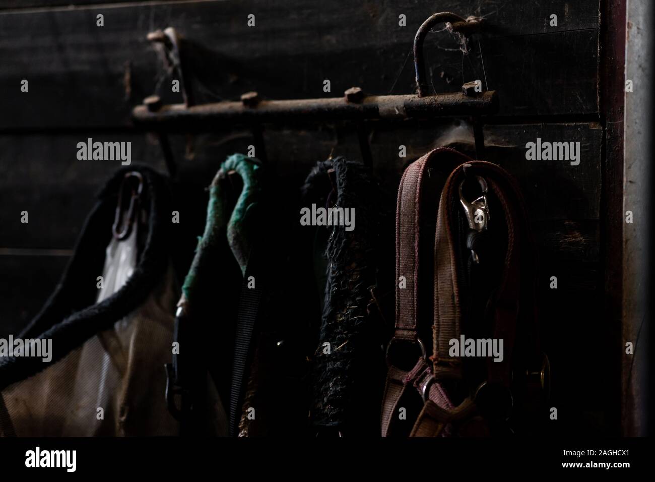 Colour landscape image shot with a low-key exposure of riding tack inside a horse barn in winter. Stock Photo