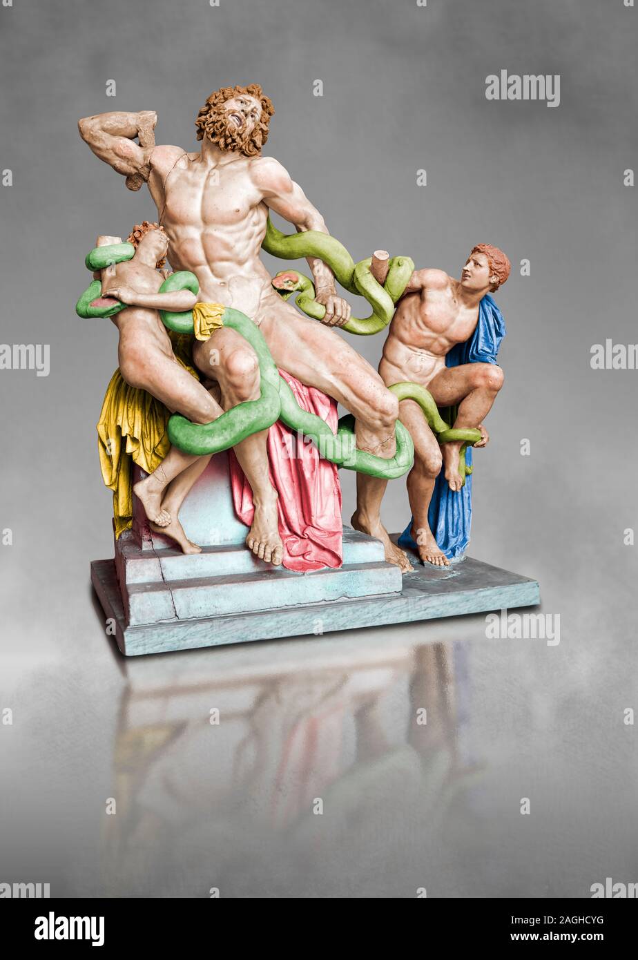 Painted colour verion of a Statue group identified as as the Laocoon described by Pliny as a masterpiece , Vatican Museums, Stock Photo