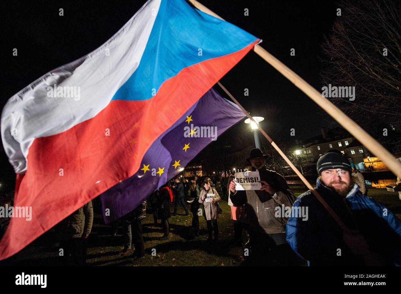 Ceske Budejovice, Czech Republic. 19th Dec, 2019. Demonstrations for Czech Prime Minister Andrej Babis's resignation, staged by Million Moments NGO, take place in all regional capitals except for Prague, on December 19, 2019. On the photo is seen demonstration in Budweis. Credit: Vaclav Pancer/CTK Photo/Alamy Live News Stock Photo