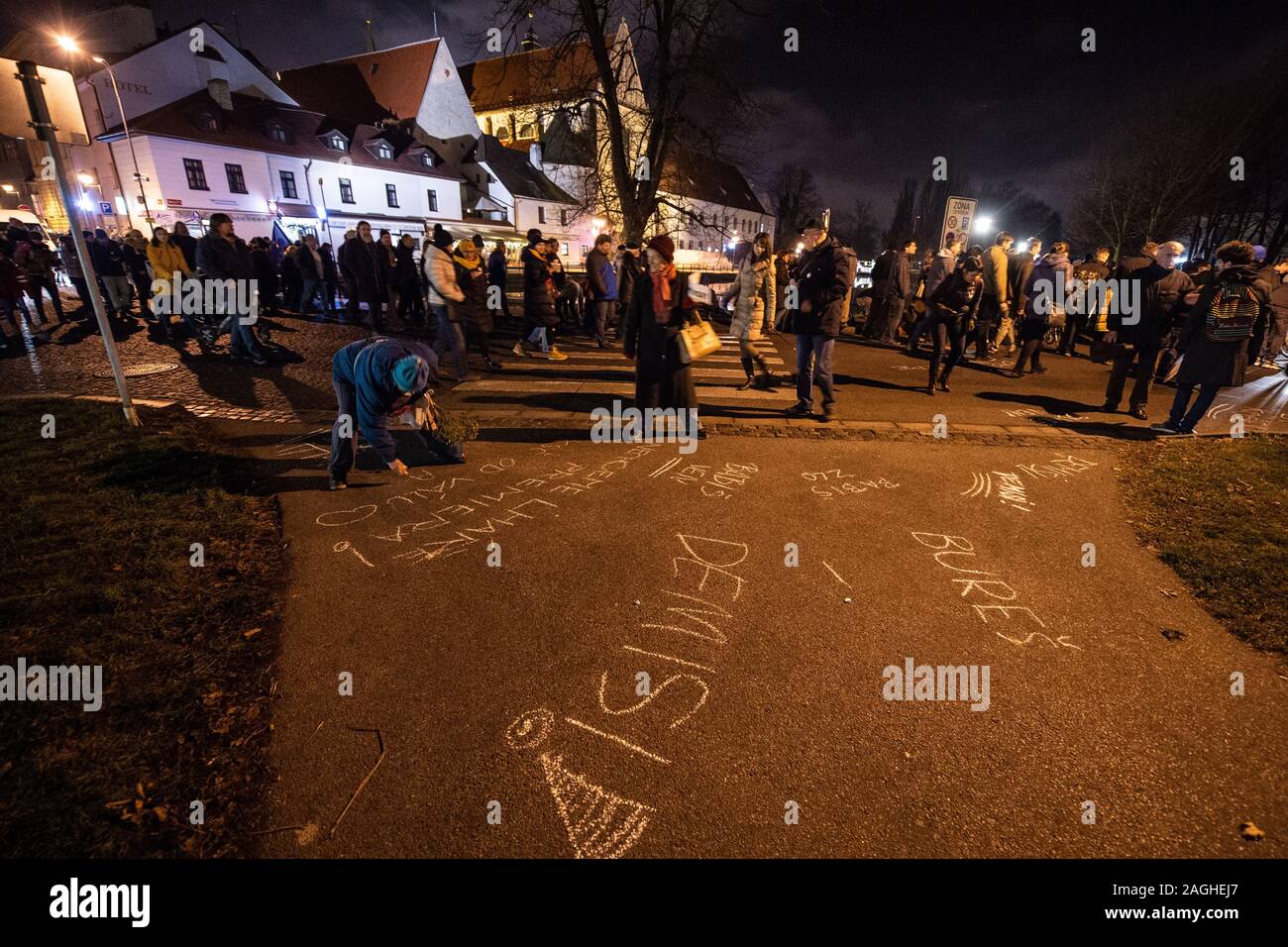 Ceske Budejovice, Czech Republic. 19th Dec, 2019. Demonstrations for Czech Prime Minister Andrej Babis's resignation, staged by Million Moments NGO, take place in all regional capitals except for Prague, on December 19, 2019. On the photo is seen demonstration in Budweis. Credit: Vaclav Pancer/CTK Photo/Alamy Live News Stock Photo