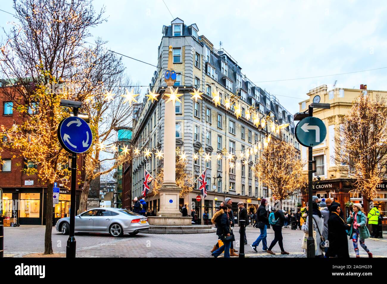 Christmas lights at Seven Dials in Covent Garden, London, UK Stock Photo