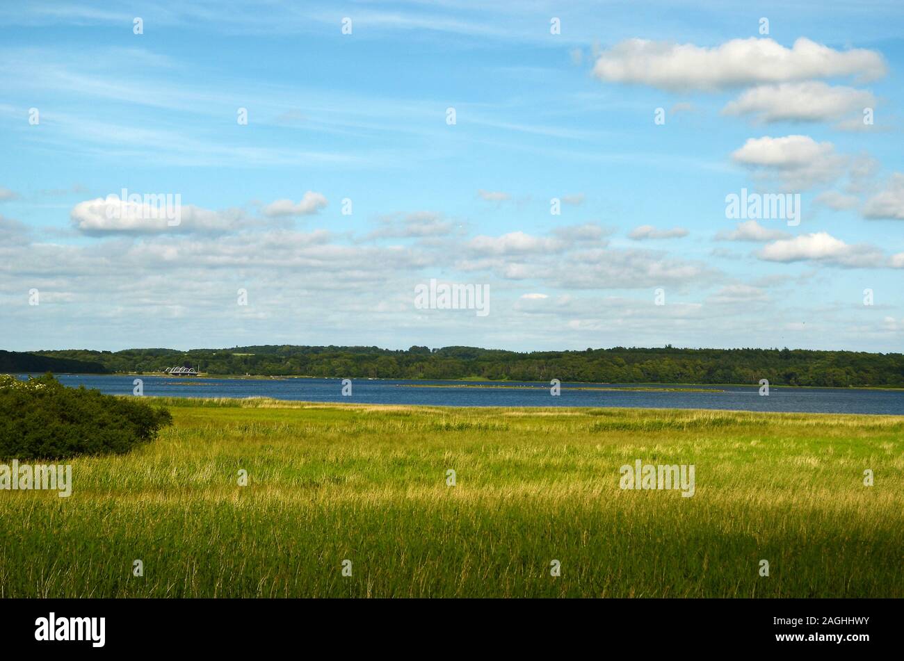 Landscape in Tempelkrog.Sjaelland.Denmark. Holbaek municipality overlooking the Munkholm Bridge on the other shore. Vipperod locality in the Isefjord. Stock Photo