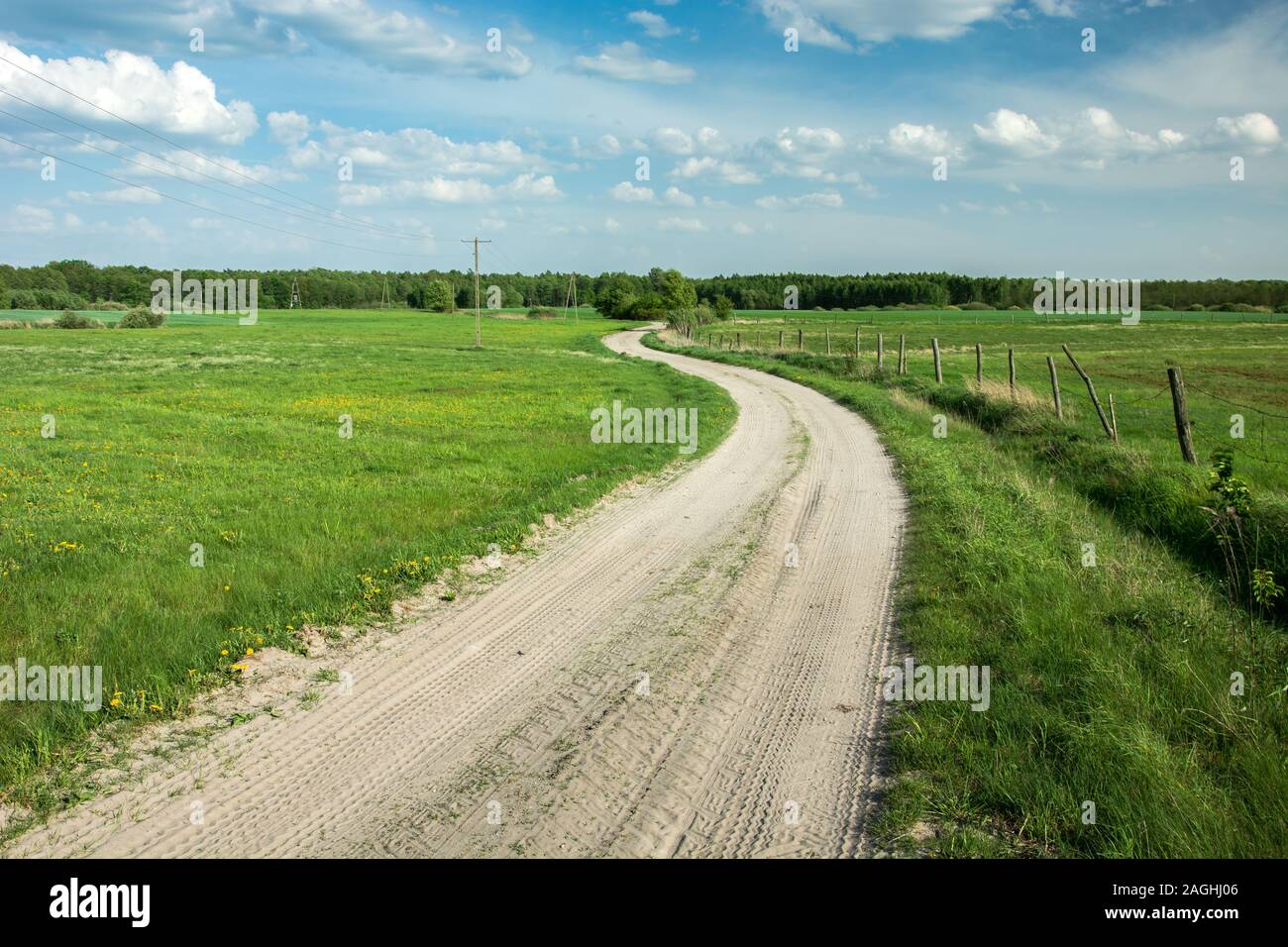 Winding sandy road through green meadows, horizon and white clouds on blue sky Stock Photo