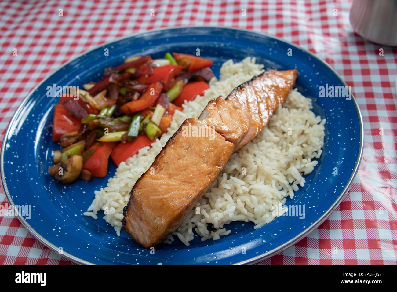 Teriyaki grilled salmon on white rice with sauteed vegetables in Camping Stock Photo