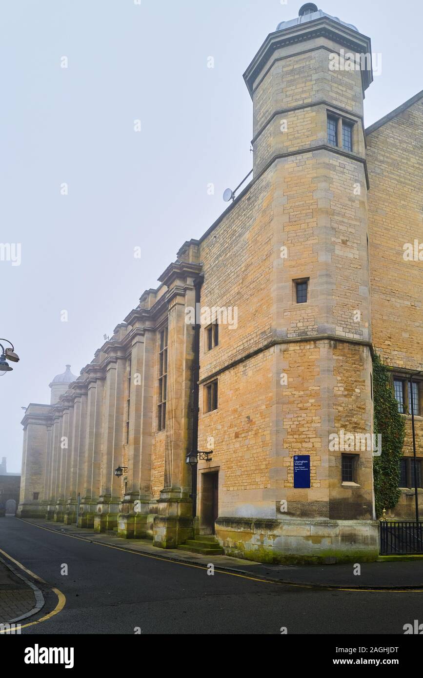 Uppingham public (i.e. private, fee paying, about £40,000 yearly) boarding school on a foggy winter morning. Stock Photo