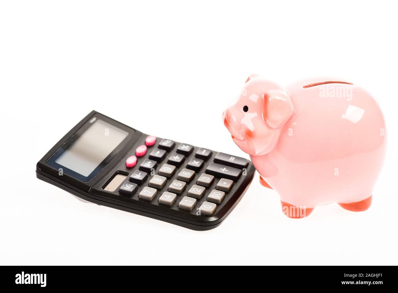 bookkeeping. financial problem. money saving. Accounting and payroll. planning and counting budget. moneybox with calculator. Piggy bank. income capit Stock Photo
