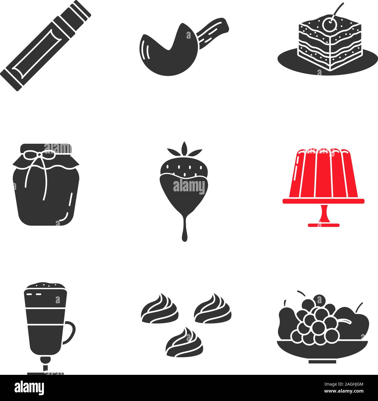 Confectionery glyph icons set. Silhouette symbols. Chewing gum stick, fortune cookie, tiramisu
